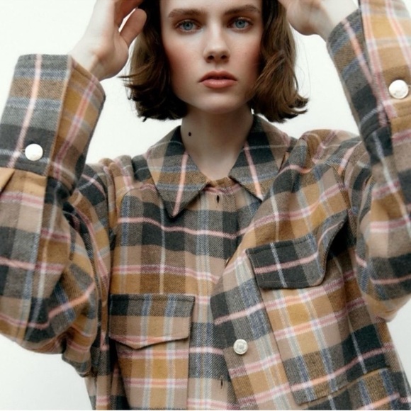 Zara Oversized Plaid Shacket Overshirt Flannel Jacket Tan Pink Navy - Picture 2 of 8